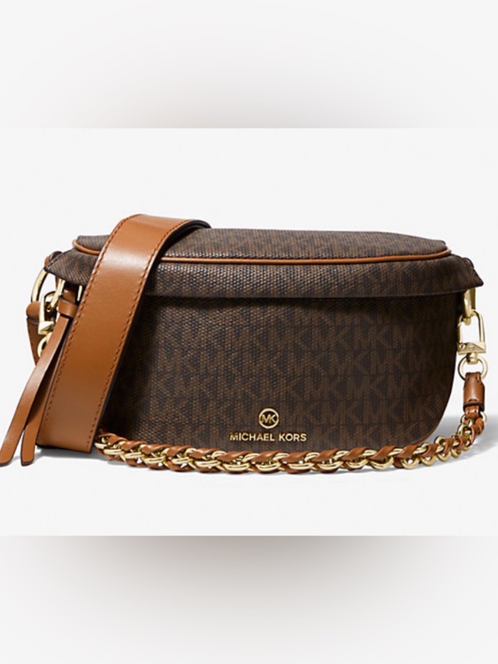 Michael Kors Brown & Tan MK Monogram Crossbody Belt Bag with Gold Chain